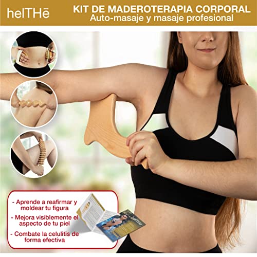 HELTHE, Kit Maderoterapia corporal - Rodillo masaje muscular, anticelulitico - Maderoterapia kit - Cepillos drenaje linfatico - Rodillo Masaje Cubos, Celulitis piernas y gluteos - Tabla Moldeadora