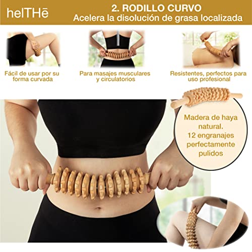 HELTHE, Kit Maderoterapia corporal - Rodillo masaje muscular, anticelulitico - Maderoterapia kit - Cepillos drenaje linfatico - Rodillo Masaje Cubos, Celulitis piernas y gluteos - Tabla Moldeadora