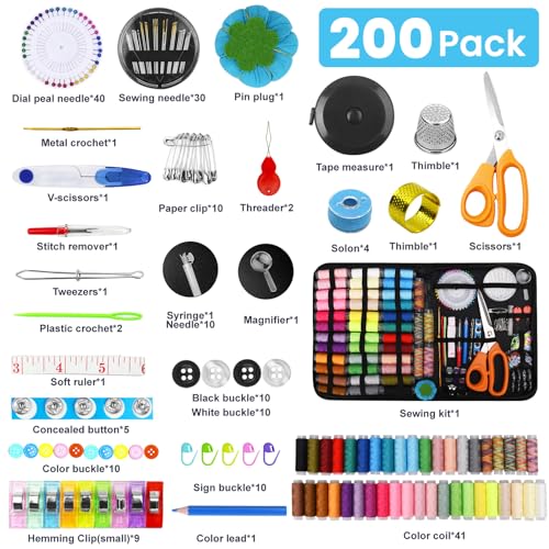 HEPAZ Kit de Costura,Costurero con 200 Piezas Accesorios de Costura Premium y Funda de Transporte para Inicio/Viaje/Adultos/Niños/Principiantes/Uso de Emergencia(Negro)