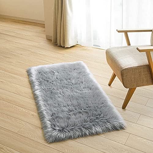 HEQUN Alfombra de Piel de Oveja sintética, Artificial Alfombra,Funda de Silla de Forro Polar Suave y mullida para recámara, sofá, Suelo (90×60 CM, Gris)