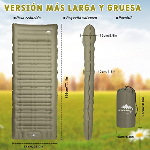 Herenear Esterilla Camping Autoinflable, Colchoneta de Camping con Almohada, Impermeable, Ligera, Colchoneta de Dormir, Colchoneta Inflable para Acampar, Senderismo, Pesca y Viajes (Green)