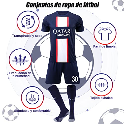 Hereneer Conjunto Camiseta De Fútbol, Camisetas Deportivas Fútbol para Niño, Ropa de Fútbol al Aire Libre con Accesorios de Calcetines, Camisetas y Pantalones Cortos (26, No.30)