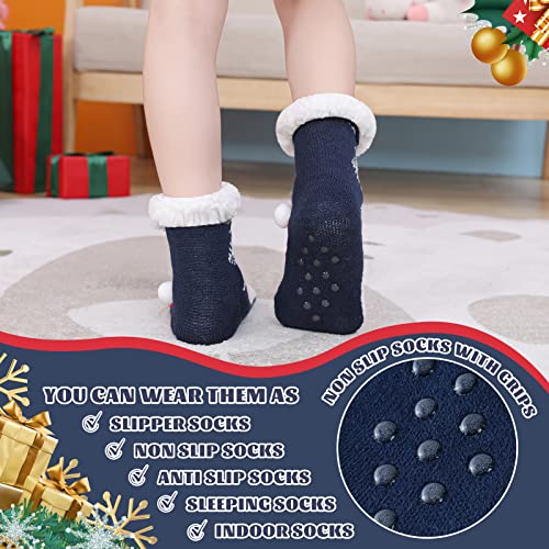 HERYEBING Calcetines Antideslizantes para Niños,Calcetines Pantuflas de Casa para Invierno Navidad Niño Niña,Calcetines Gruesos de Piso con Forro Polar y Suela de Goma Pinguino Azul Marino 8-12 Ans