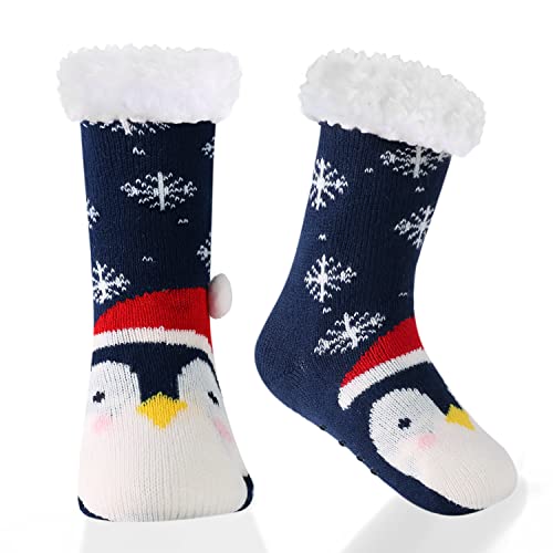 HERYEBING Calcetines Antideslizantes para Niños,Calcetines Pantuflas de Casa para Invierno Navidad Niño Niña,Calcetines Gruesos de Piso con Forro Polar y Suela de Goma Pinguino Azul Marino 8-12 Ans