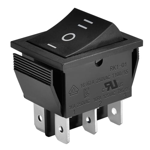 Heschen Interruptor basculante, RK1-01-HS, ON-OFF-ON, DPDT, 6 terminales, 16A 250VAC, negro, paquete de 2