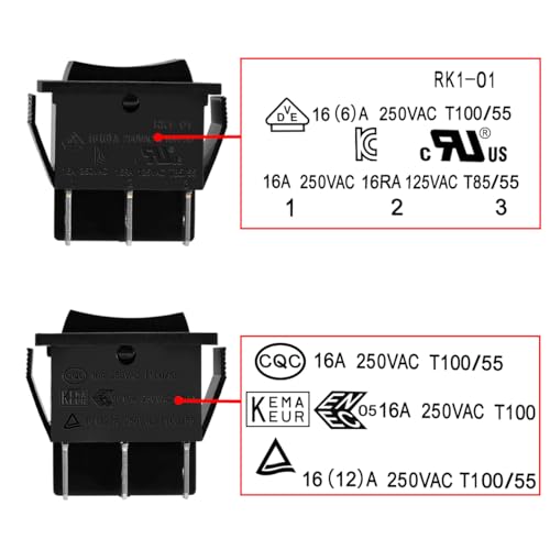 Heschen Interruptor basculante, RK1-01-HS, ON-OFF-ON, DPDT, 6 terminales, 16A 250VAC, negro, paquete de 2