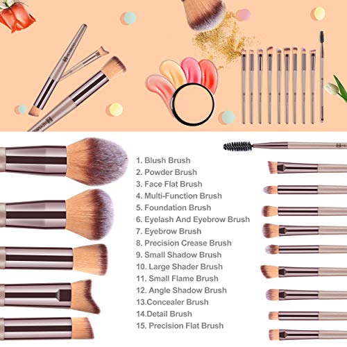 HEYMKGO Brochas de Maquillaje Profesional 15 Piezas Pinceles Maquillaje, Set de Brochas de Maquillaje Juego de Makeup Brushes para Fundación, Polvo, Rubor, Corrector con Bolsa de Cosméticos