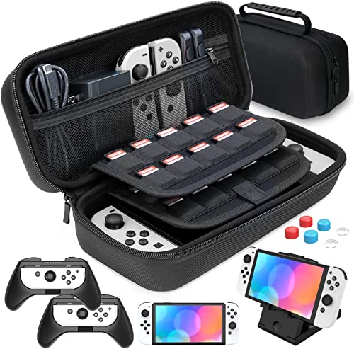 HEYSTOP Funda Compatible con Nintendo Switch/Switch OLED Accesorios Kit, Universal Estuche Portátil para Switch/Switch OLED Incluye 2 Grips, PlayStand Ajustable, 6 Tapas de Agarre para Pulgar