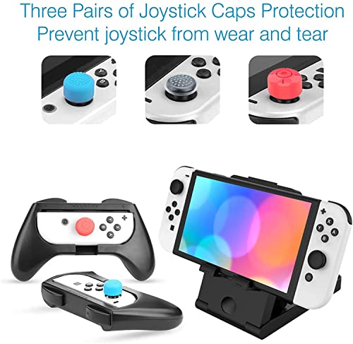 HEYSTOP Funda Compatible con Nintendo Switch/Switch OLED Accesorios Kit, Universal Estuche Portátil para Switch/Switch OLED Incluye 2 Grips, PlayStand Ajustable, 6 Tapas de Agarre para Pulgar