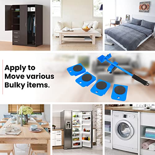 hicoosee Elevadores de Muebles Ruedas para Muebles Pesados Juego de 5 Piezas Kit de Rodillos para Mover Muebles, Carga Máxima 150 Kg, Rodamiento Giratorio de 360 ​​Grados con 4 Ruedas (Azul)