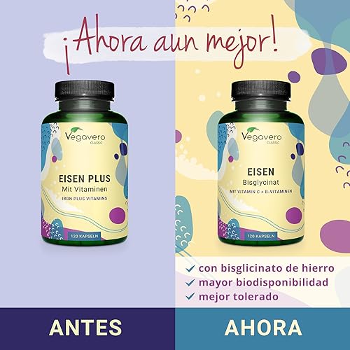 Hierro Suplemento Vegavero® | Vegano | Vitamina C, B12 y Ácido Fólico | Anemia + Energía + Cansancio | Bisglicinato de Hierro | 120 Cápsulas