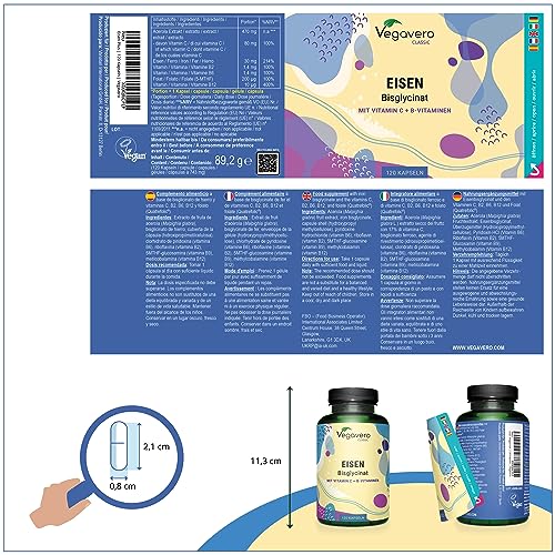 Hierro Suplemento Vegavero® | Vegano | Vitamina C, B12 y Ácido Fólico | Anemia + Energía + Cansancio | Bisglicinato de Hierro | 120 Cápsulas