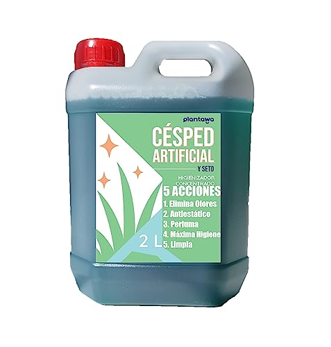 Higienizador Concentrado 2L para Cesped Artificial, Limpiador Enzimático 5 acciones: Elimina Olores, Higieniza, Olor Césped, Antiestático, Limpia. Formato Ahorro, Ideal Jardín, No Tóxico