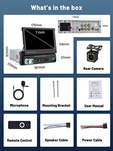 Hikity 7'' Touchscreen Autoradio 1 DIN con Inalámbrica Apple Carplay/Android Auto Radio Coche Bluetooth con HD Pantalla Táctil Mirror Link EQ FM Mic Control en el Volante+ Cámara de Marcha Atrás