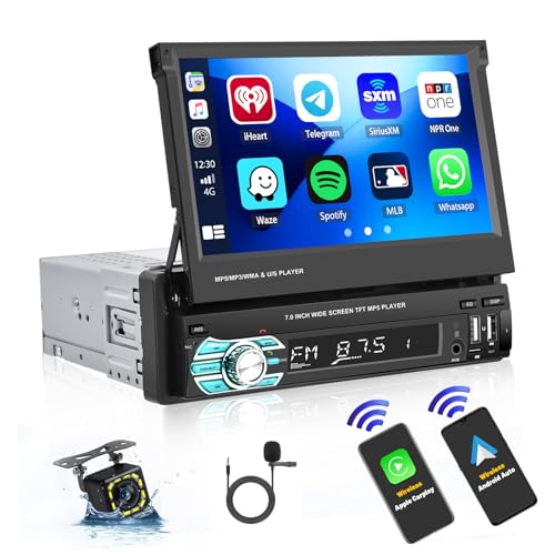 Hikity 7'' Touchscreen Autoradio 1 DIN con Inalámbrica Apple Carplay/Android Auto Radio Coche Bluetooth con HD Pantalla Táctil Mirror Link EQ FM Mic Control en el Volante+ Cámara de Marcha Atrás