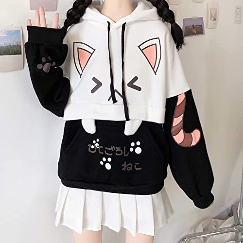 Himifashion Bonita sudadera con capucha para adolescentes y niñas, con estampado de gato kawaii, sudadera con capucha y sudadera de terciopelo, Negro, talla única