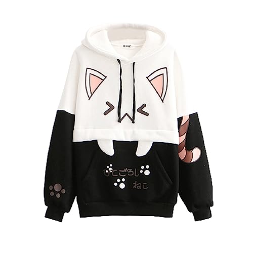 Himifashion Bonita sudadera con capucha para adolescentes y niñas, con estampado de gato kawaii, sudadera con capucha y sudadera de terciopelo, Negro, talla única