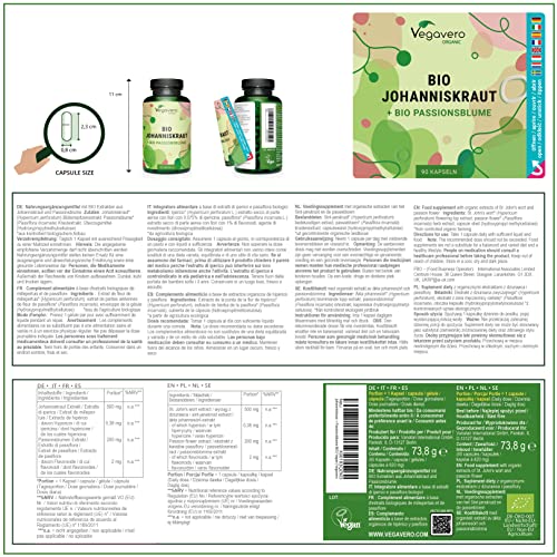 Hipérico 500 mg Vegavero® | Alivia el Estrés y la Ansiedad | 100% Orgánico | Con Pasiflora & Hipericina | Sin Aditivos | Hierba de San Juan | 90 Cápsulas | Vegano