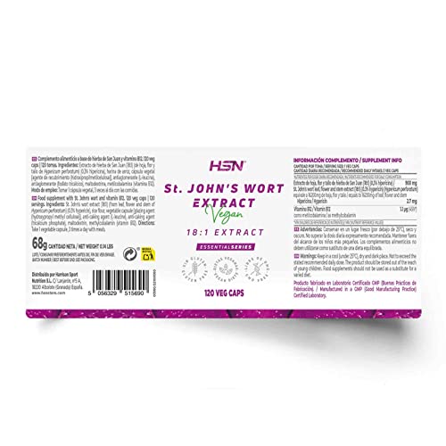 Hipérico Extracto de Hierba San Juan 900 MG - Hypericum perforatum - de HSN | 120 Cápsulas Vegetales 16 Gramos Equivalencia hoja, flor y tallo por Dosis Diaria | No-GMO, Vegano, Sin Gluten