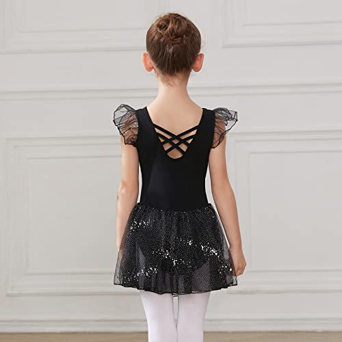 HIPPOSEUS Niña Maillot de Danza Lentejuelas Tutú Vestido de Ballet Gimnasia Leotardo Body Clásico para Niñas,Y05-Negro,6-8 Años