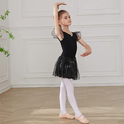 HIPPOSEUS Niña Maillot de Danza Lentejuelas Tutú Vestido de Ballet Gimnasia Leotardo Body Clásico para Niñas,Y05-Negro,6-8 Años