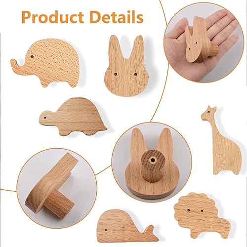 HIQE-FL Pomos De Madera,6 Piezas Manija De Muebles De Madera Para Animales,Tiradores Para Cajones Madera,Pomo Madera Tiradores De Muebles,Perillas De Madera (E)