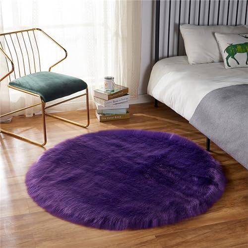 Hiseng Alfombra Peluche Faux, Alfombra Salon Redonda Antideslizante, Interior Suaves y Mullidas Alfombra​, Felpa Alfombras de Habitacion Lavables, para Interior Moderna (Morado,130CM)