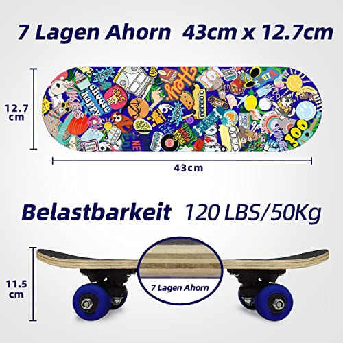 Hiwvwv Mini monopatín para Principiantes Cruiser Skateboard con gráficos geniales para niños pequeños de 3 a 6 años - Cubierta de Madera de Arce de 17 Pulgadas, Ruedas de 54 mm, liviano