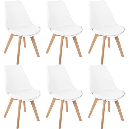 HJhomeheart Juego de 6 Sillas de Comedor, Patas de Madera Maciza, Cojín de Silla Extraíble, Silla de Cocina, Silla Moderna (Blanco-6)