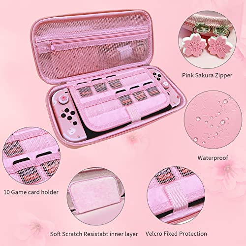 HLRAO Juego de Viaje Rosa Bolsa de Transporte Compatible con Switch OLED 2021, Estuche de Bolsa de Almacenamiento de diseño Sakura con Protector de Pantalla de Vidrio HD y Agarre para el Pulgar.