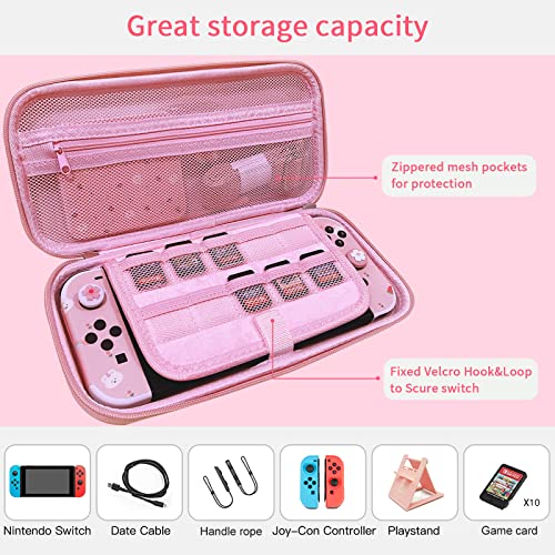 HLRAO Juego de Viaje Rosa Bolsa de Transporte Compatible con Switch OLED 2021, Estuche de Bolsa de Almacenamiento de diseño Sakura con Protector de Pantalla de Vidrio HD y Agarre para el Pulgar.