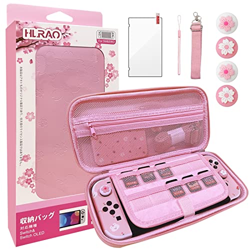 HLRAO Juego de Viaje Rosa Bolsa de Transporte Compatible con Switch OLED 2021, Estuche de Bolsa de Almacenamiento de diseño Sakura con Protector de Pantalla de Vidrio HD y Agarre para el Pulgar.