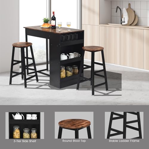 HOMASIS Conjunto de mesa y silla de bar, mesa de bar con 2 taburetes de bar y 3 estantes en aglomerado y tubo de acero, mesa de bar de diseño industrial, barra de casa para comedor, salón, bar, marrón