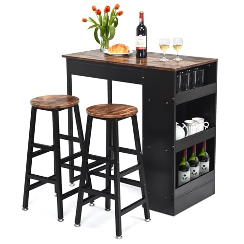 HOMASIS Conjunto de mesa y silla de bar, mesa de bar con 2 taburetes de bar y 3 estantes en aglomerado y tubo de acero, mesa de bar de diseño industrial, barra de casa para comedor, salón, bar, marrón