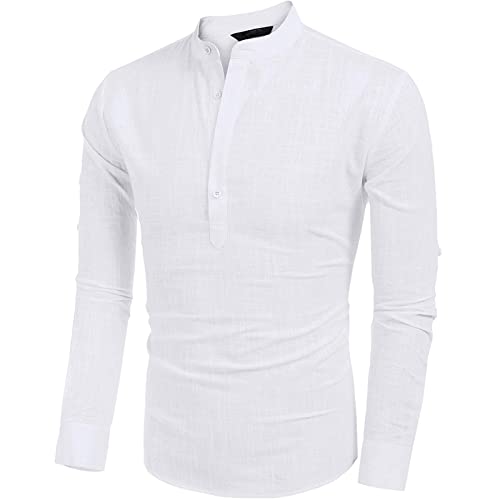 Hombre Camisa Informal de Lino y Algodón Blusa Casual de Manga Larga Camiseta Suelta de Ocio con Cuello Henley Camisa de Color Sólido para Primavera Verano Otoño (Blanco, XXL)