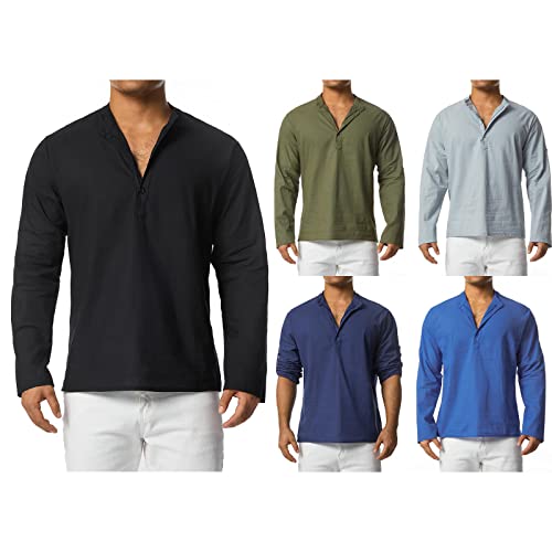 Hombre Camisa Informal de Lino y Algodón Blusa Casual de Manga Larga Camiseta Suelta de Ocio con Cuello Henley Camisa de Color Sólido para Primavera Verano Otoño (Blanco, XXL)