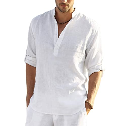 Hombre Camisa Informal de Lino y Algodón Blusa Casual de Manga Larga Camiseta Suelta de Ocio con Cuello Henley Camisa de Color Sólido para Primavera Verano Otoño (Blanco, XXL)