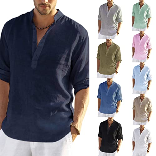 Hombre Camisa Informal de Lino y Algodón Blusa Casual de Manga Larga Camiseta Suelta de Ocio con Cuello Henley Camisa de Color Sólido para Primavera Verano Otoño (Blanco, XXL)