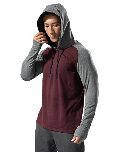 Hombre Forrado térmico Sudadera con Capucha atlética Pull-Over Manga Larga Ejercicio Fitness Running Invierno Otoño Vino Tinto Hit Grey M