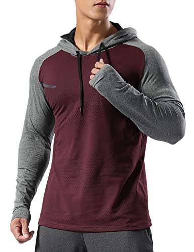 Hombre Forrado térmico Sudadera con Capucha atlética Pull-Over Manga Larga Ejercicio Fitness Running Invierno Otoño Vino Tinto Hit Grey M