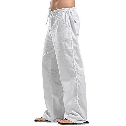 Hombre Pantalones Lino Estilo Libre Ocio Cordón de la Cintura Sueltos Pantalones LargosTranspirable Ropa Hombre Verano Casual (Blanco, 2XL)