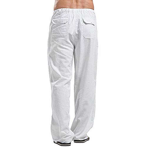 Hombre Pantalones Lino Estilo Libre Ocio Cordón de la Cintura Sueltos Pantalones LargosTranspirable Ropa Hombre Verano Casual (Blanco, 2XL)