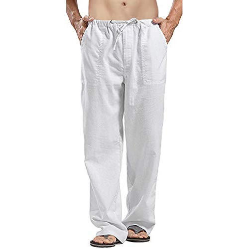 Hombre Pantalones Lino Estilo Libre Ocio Cordón de la Cintura Sueltos Pantalones LargosTranspirable Ropa Hombre Verano Casual (Blanco, 2XL)