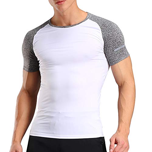 Hombres Bodybuilding Corto Manga Gym Men T Shirts Parte Superior Gimnasio Ropa de Deporte Poliéster y Spandex Blanco S