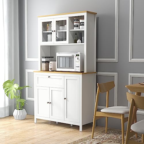 HOMCOM Alacena de Cocina Moderno Mueble Auxiliar de Cocina con 5 Puertas Estante Ajustable Cajón y Encimera de Microondas Abierta 100x40x180 cm Blanco