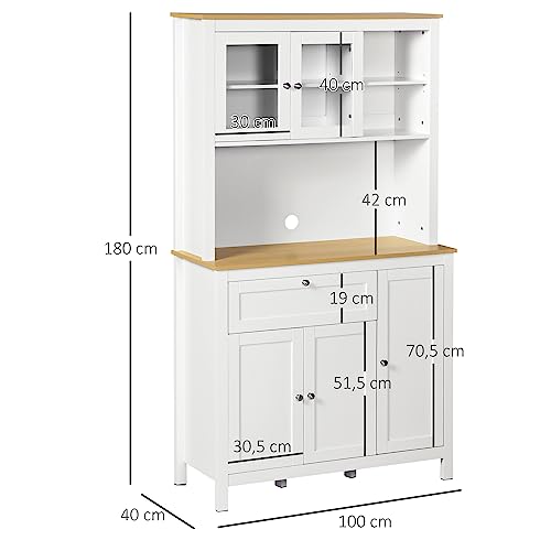 HOMCOM Alacena de Cocina Moderno Mueble Auxiliar de Cocina con 5 Puertas Estante Ajustable Cajón y Encimera de Microondas Abierta 100x40x180 cm Blanco