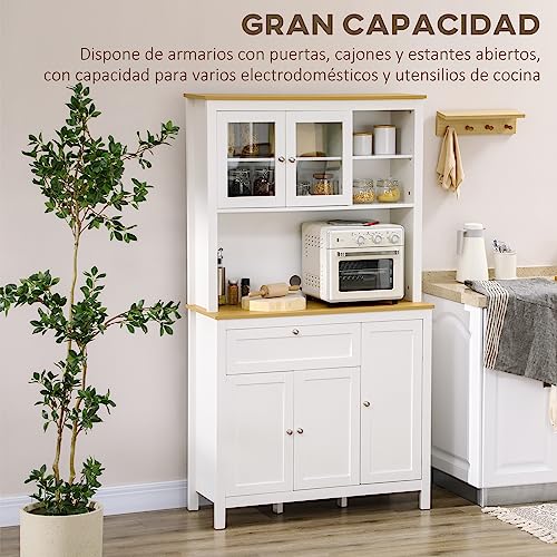 HOMCOM Alacena de Cocina Moderno Mueble Auxiliar de Cocina con 5 Puertas Estante Ajustable Cajón y Encimera de Microondas Abierta 100x40x180 cm Blanco