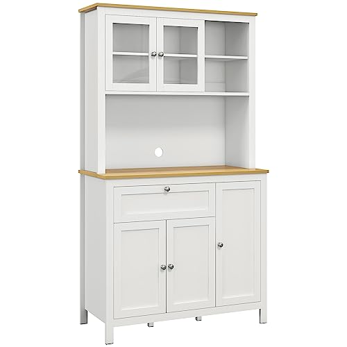 HOMCOM Alacena de Cocina Moderno Mueble Auxiliar de Cocina con 5 Puertas Estante Ajustable Cajón y Encimera de Microondas Abierta 100x40x180 cm Blanco