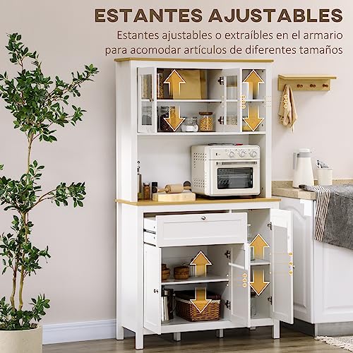 HOMCOM Alacena de Cocina Moderno Mueble Auxiliar de Cocina con 5 Puertas Estante Ajustable Cajón y Encimera de Microondas Abierta 100x40x180 cm Blanco