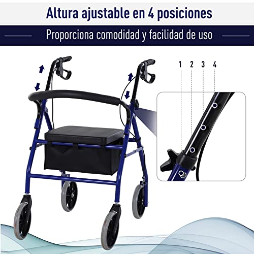 HOMCOM Andador para Adultos Plegable Con Almacenaje Asiento y Frenos 65x53x79-89 cm Azul y Negro